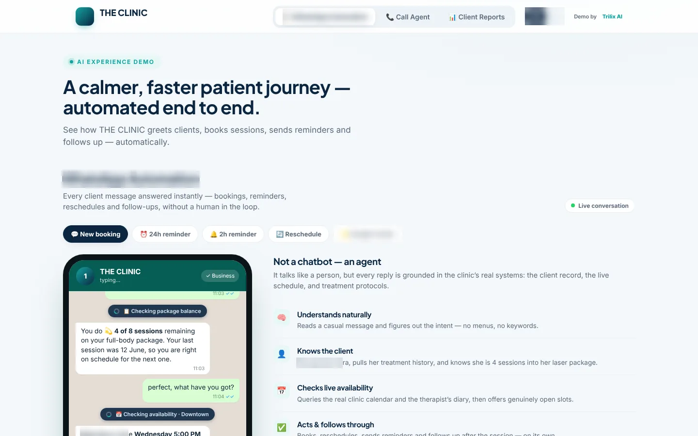 Aesthetic clinic demo build: a client conversation where the agent checks the package balance and live availability, next to booking flows for reminders and reschedules.