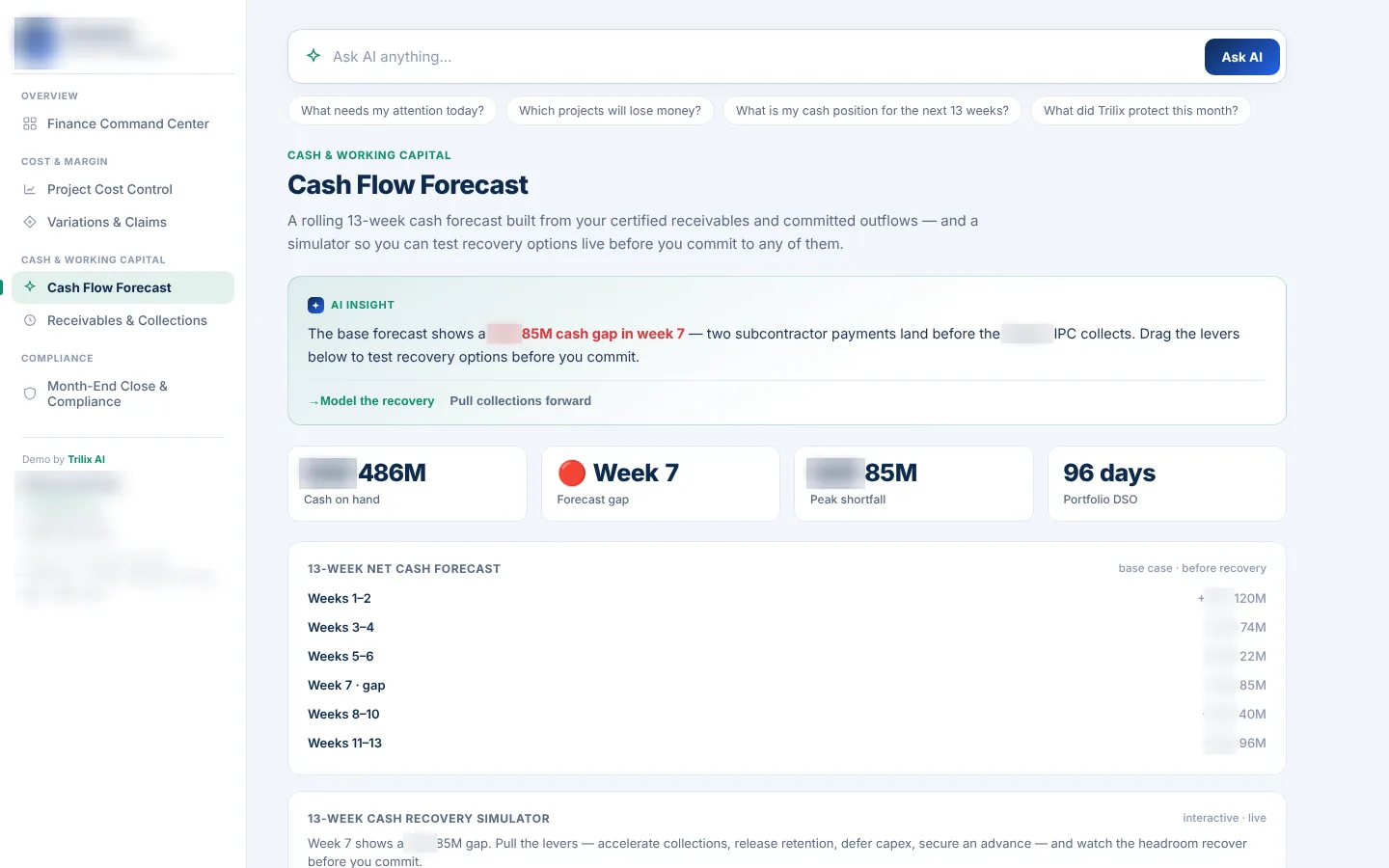 General contractor demo build: a 13-week cash flow forecast with the week a cash gap appears, and a recovery simulator. Amounts and currency blurred.