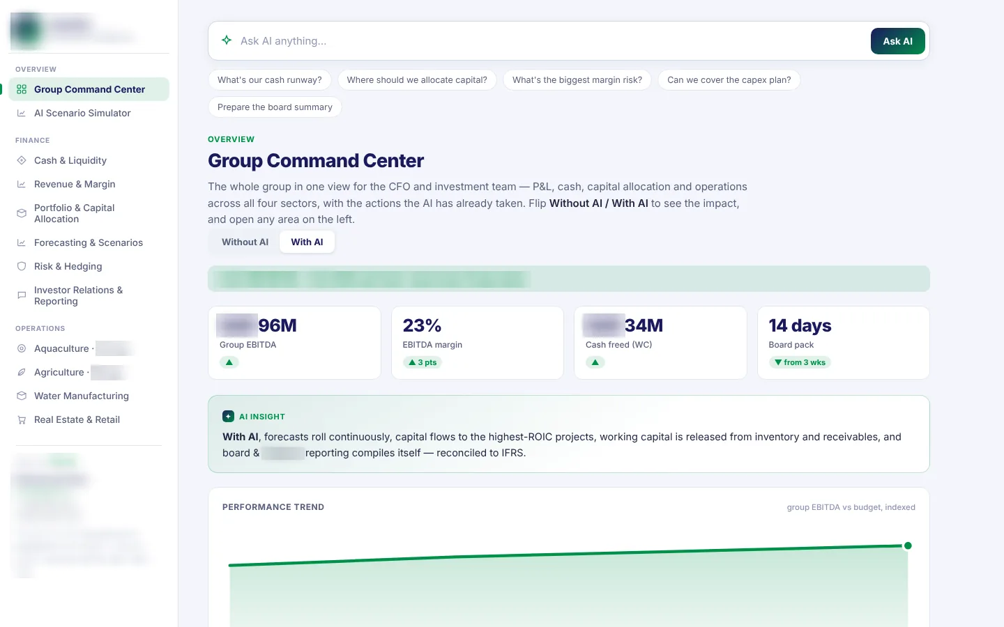 Diversified group demo build: group command center with earnings, margin, cash freed and board pack status across the operating businesses.