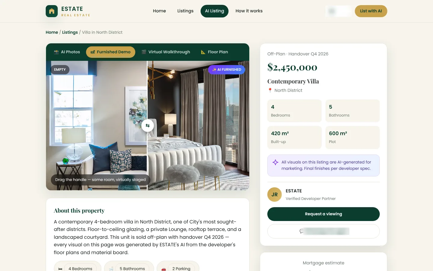 Real estate demo build: a listing with a before-and-after slider between an empty room and a virtually staged one, next to price, rooms and area.