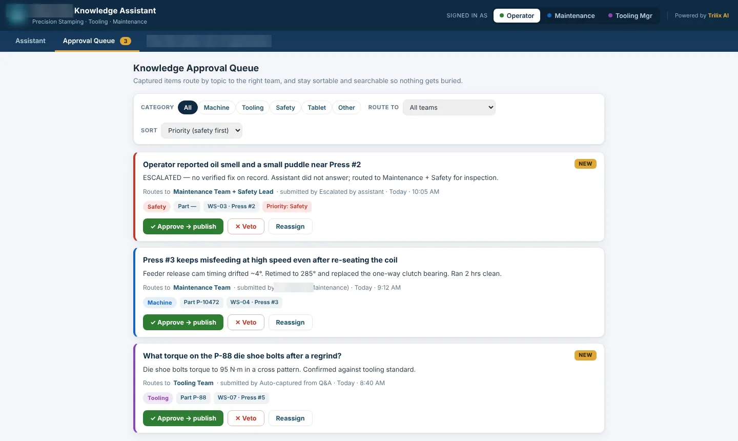 Stamping plant demo build: a knowledge approval queue where captured fixes are routed by topic to maintenance, tooling or safety and wait for approval.