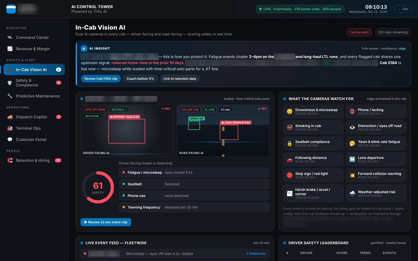 Trucking demo build, LTL version: driver-facing and road-facing camera views, a safety score and the list of events the cameras watch for.