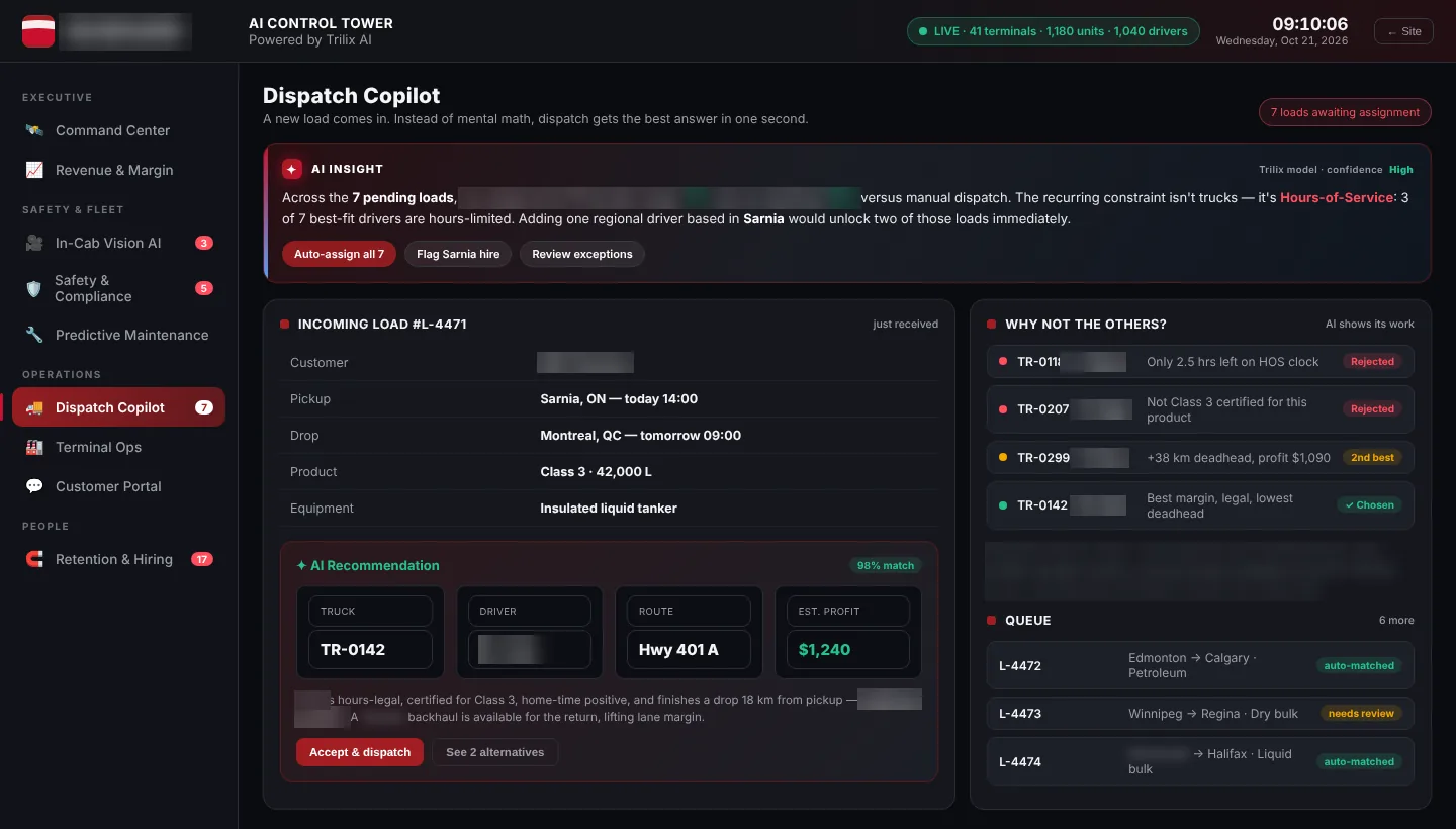 Trucking demo build, tanker version: a dispatch copilot recommending a truck, driver and route for a new load, and a panel explaining why the other drivers were rejected.