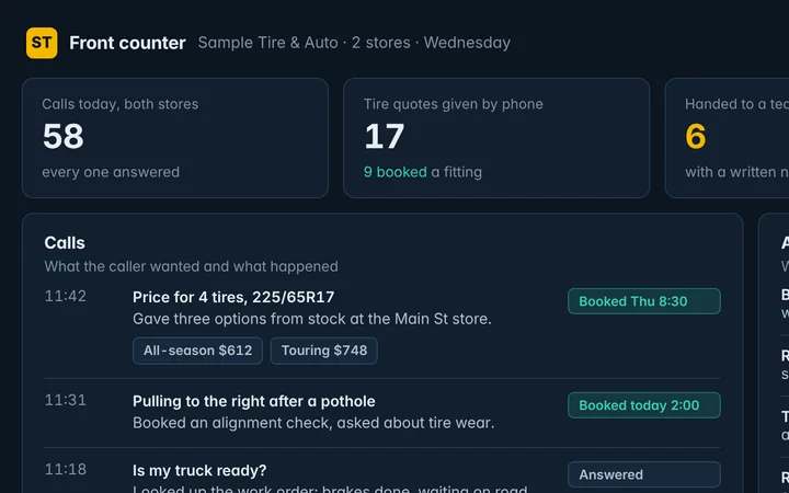Sample screen: Tire & repair